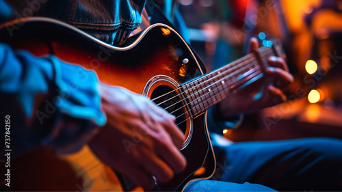 A photograph of a guitarist's hands strumming a vintage guitar