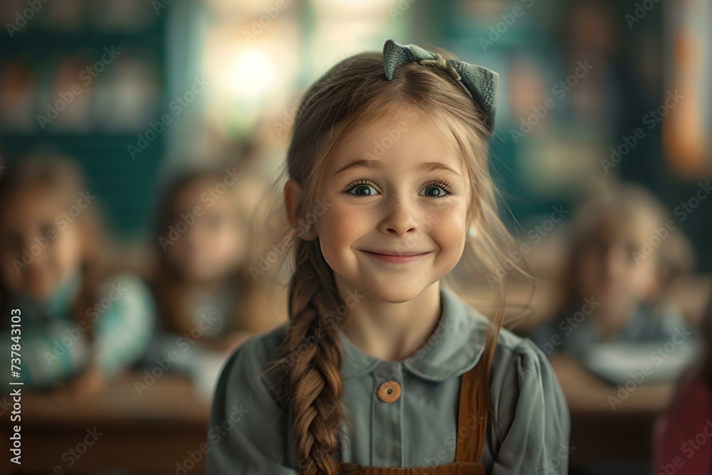Cheerful young girl smiling in classroom setting. portrait of happy child, educational theme. captured in natural light, perfect for back-to-school campaigns. AI Cheerful young girl smiling in classroom setting. portrait of happy child, educational theme. captured in natural light, perfect for back-to-school campaigns. AI