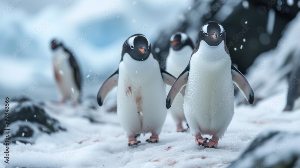 Fototapeta premium Penguins in Antarctica: Adorable penguins in their natural habitat, conveying the charm of these resilient birds.