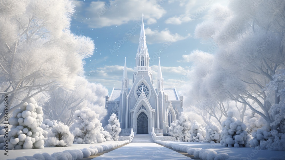 a snow covered church with trees and a path
