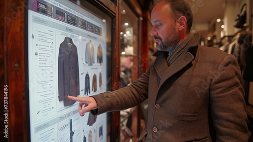 A middle-aged man uses a touchscreen display to browse through various coat styles in a contemporary clothing store.