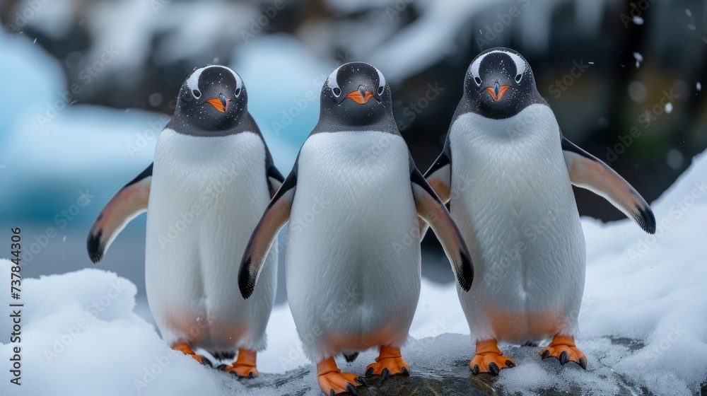 Fototapeta premium Penguins in Antarctica: Adorable penguins in their natural habitat, conveying the charm of these resilient birds.