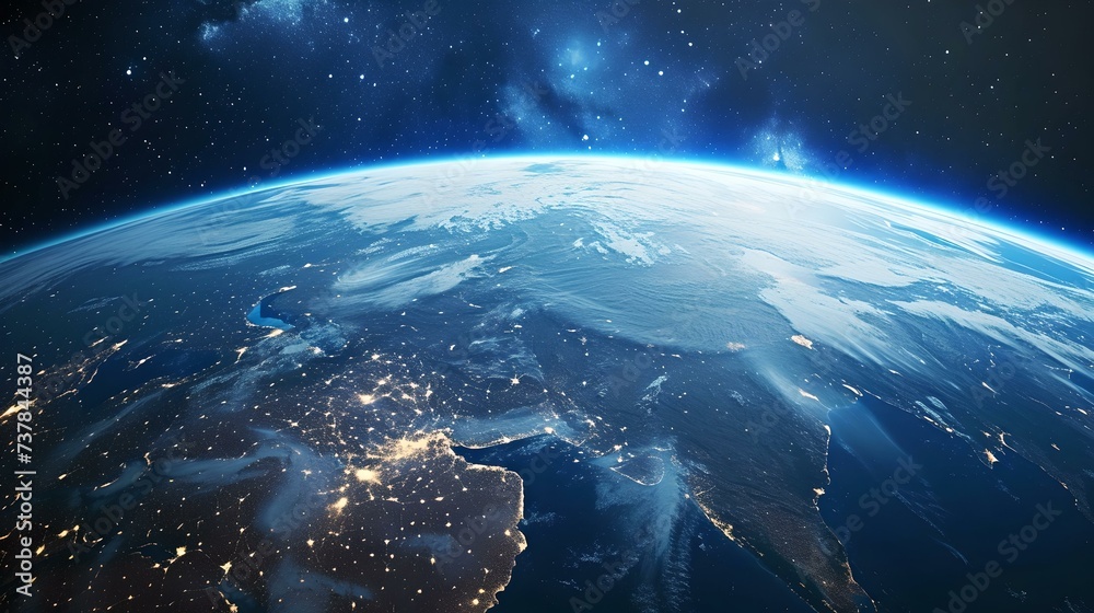 Stunning view of earth from space at night. glowing city lights, blue ...