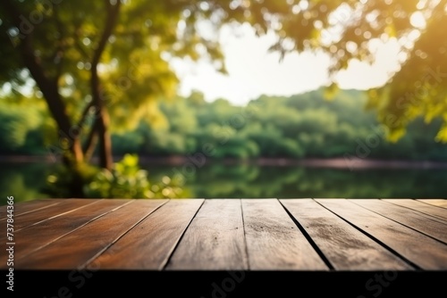 Nature background on wooden table, sunny evening, perfect for product advertising