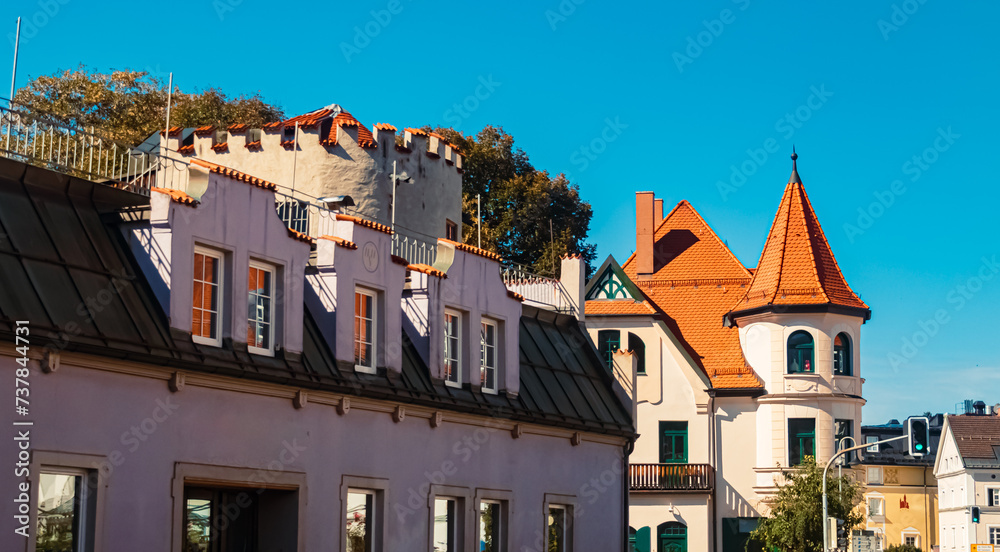 Historic buildings on a sunny summer day at Fuessen, Lech, Ostallgaeu, Bavaria, Germany