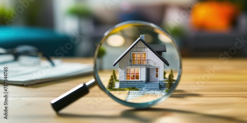 Magnifying glass in front of small house model in office table. Concept of search for house copy space 