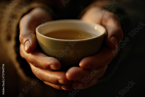 Two hands holding a cup of hot beverage. Delicious freshly brewed tea. Created with Generative AI technology