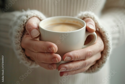 Two hands holding a cup of hot beverage. Delicious freshly brewed coffee. Created with Generative AI technology