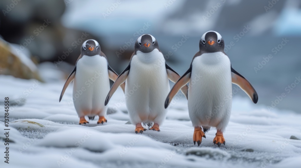 Fototapeta premium Penguins in Antarctica: Adorable penguins in their natural habitat, conveying the charm of these resilient birds.