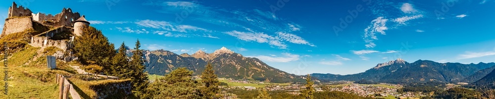 High resolution stitched alpine summer panorama at Ehrenberg castle ruins near Reutte, Tyrol, Austria