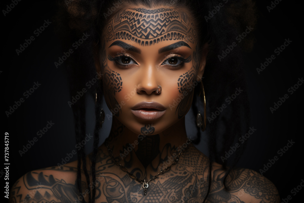 Close-up of a black woman's face featuring intricate traditional and contemporary styled facial tattoos. Close-up of a black woman's face featuring intricate traditional and contemporary styled facial tattoos.