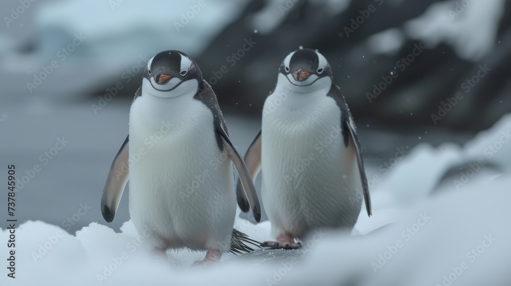 Fototapeta premium Penguins in Antarctica: Adorable penguins in their natural habitat, conveying the charm of these resilient birds.