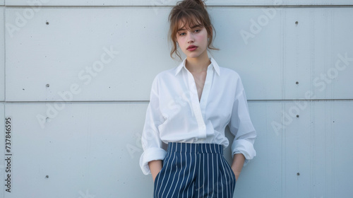 A crisp white buttonup shirt tucked into highwaisted pinstripe trousers in varying shades of blue exudes a sense of professional yet contemporary style. This outfit is ideal photo