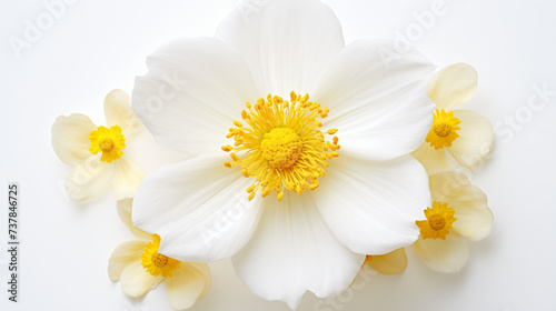 A white and yellow flower on a white background.