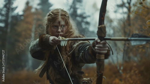 Viking woman hunting in the woods with arrow and bow.