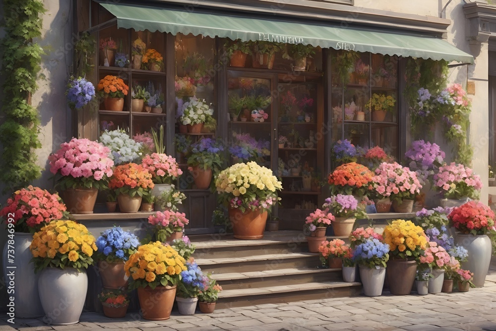 The exterior of the charming flower shop is decorated with an array of colorful potted flowers