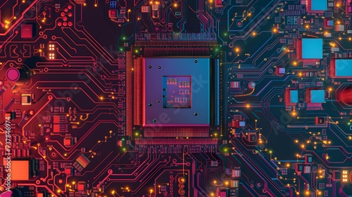 top view of Microcircuit close-up. Theme of new computer technologies and microchips with cpu in the middle. Futre Technology concept. photo