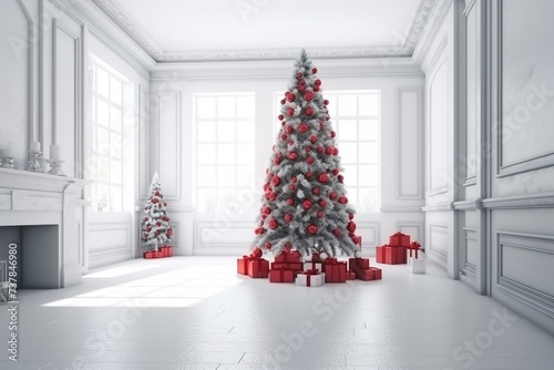 Christmas tree with red gifts in the white room Christmas © Poulami