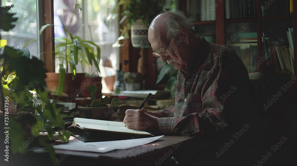 Senior man writing his memoirs, illustrating the process of reflecting on and sharing life experiences. Concept of storytelling and legacy in later life. Senior man writing his memoirs, illustrating the process of reflecting on and sharing life experiences. Concept of storytelling and legacy in later life.