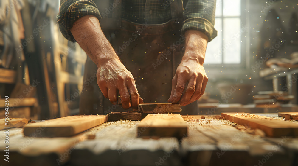 Old carpenter working on woodworking machines in the furniture factory. Carpenter male is adjust wood to the desired size. architect, designer, Built-in, professional wood, craftsman, workshop. AI Old carpenter working on woodworking machines in the furniture factory. Carpenter male is adjust wood to the desired size. architect, designer, Built-in, professional wood, craftsman, workshop. AI
