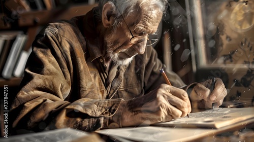 Senior man writing his memoirs, illustrating the process of reflecting on and sharing life experiences. Concept of storytelling and legacy in later life.  photo