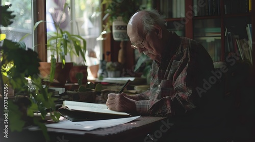 Senior man writing his memoirs, illustrating the process of reflecting on and sharing life experiences. Concept of storytelling and legacy in later life.  photo