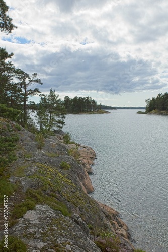 Rocky seashore on the island of Linlo in cloudy autumn weather, Kirkkonummi, Finland.