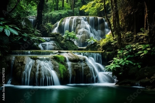 Breathtaking long exposure shot of enormous and majestic waterfall in the heart of the jungle