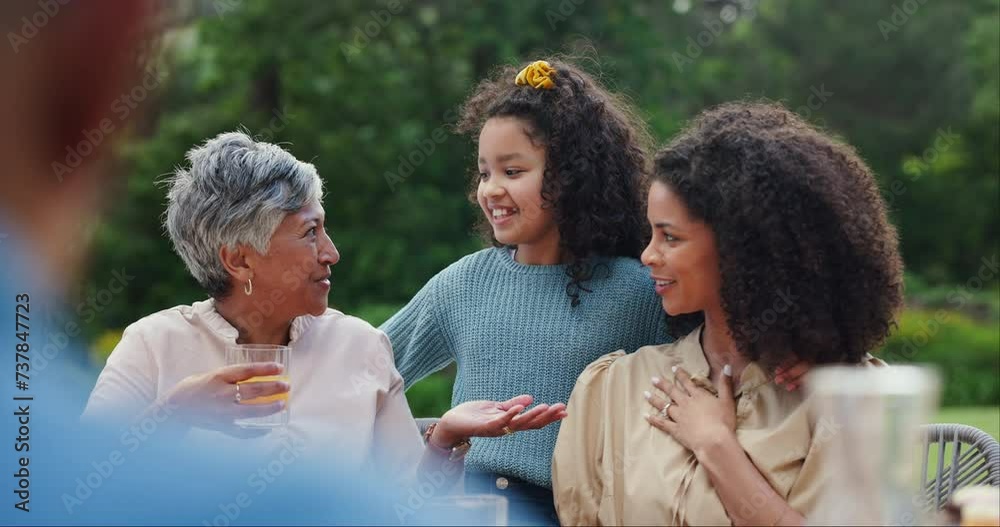 Grandmother, mother and daughter at lunch in garden with conversation, happy and reunion with love. Women, girl or child in backyard, park and family home with smile for love, care or happy in Mexico Grandmother, mother and daughter at lunch in garden with conversation, happy and reunion with love. Women, girl or child in backyard, park and family home with smile for love, care or happy in Mexico