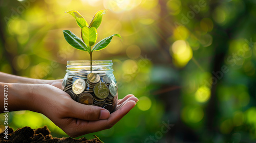 hand holding money savings jar filled with coins and growing plant for sustainable financial planning for retirement or eco subsidy investment for environment protection , Generative AI	
 photo