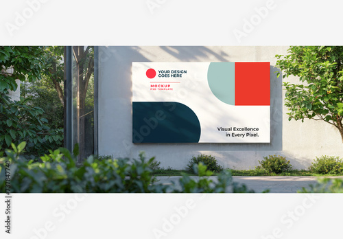 Outside Street Poster Mockup: White Billboard on Building Wall with Trees, Bushes, Walkway, Bench, Garden Area, Small Tree, and Sidewalk