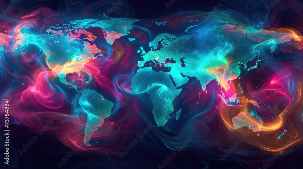 A holographic map of the world appears with vibrant swirling clouds representing the current global weather patterns.