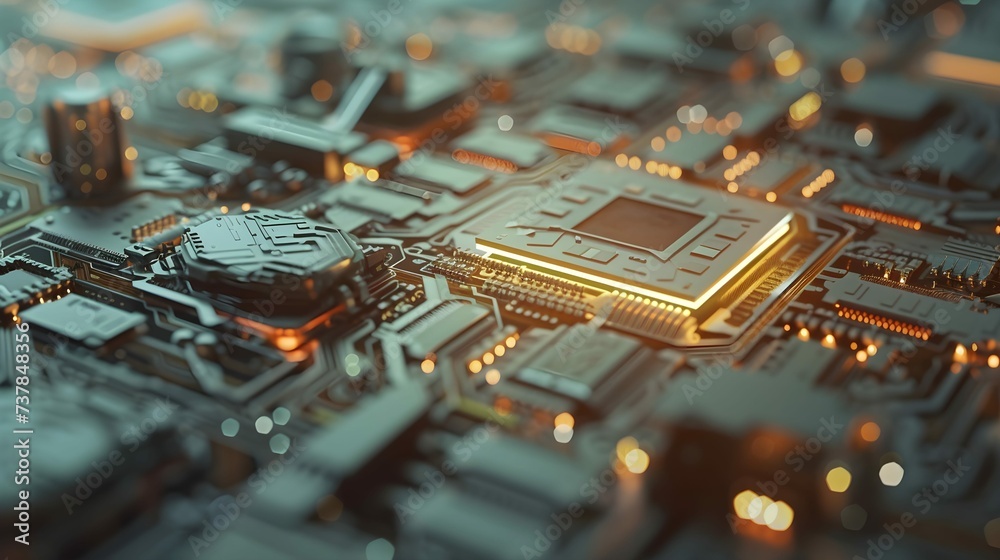Microcircuit close-up. Theme of new computer technologies and microchips with cpu in the middle Microcircuit close-up. Theme of new computer technologies and microchips with cpu in the middle