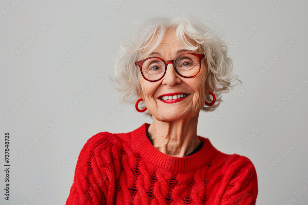A portrait of a senior woman with silver hair and a timeless smile, exuding warmth and life satisfaction on a soft background.