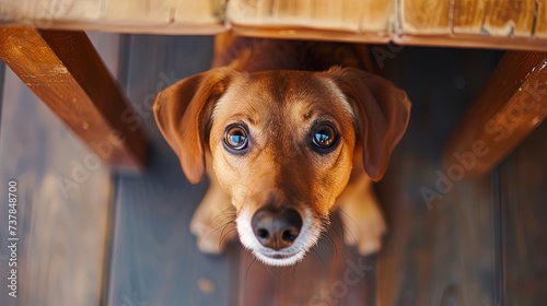 Portrait of sweet hungry dog looking up asking for food with cute eyes photo