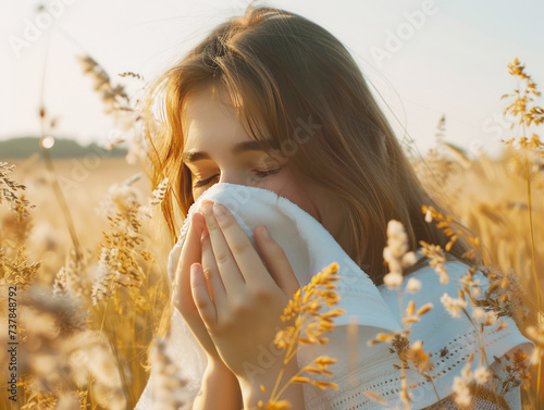 A young woman experiencing seasonal allergies while holding a tissue, surrounded by a field of golden wheat at sunset.