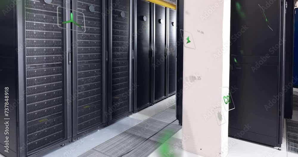 Animation of eco icons and data processing over computer servers Animation of eco icons and data processing over computer servers