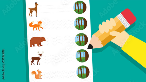 Vector illustration of educational game for preschool children. Count how many animals and write the result.