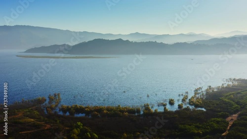 4k aerial drone footage of Casitas lake, California. Reservoir of drinking water in ventura county. Recreation area is surrounded by wilderness and inhabited by wildlife. Near Ojai small town. 