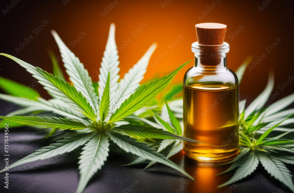 Cosmetic amber glass bottle with herbal Essential from cannabis. Alternative aromatherapy. Natural and vegan ingredients in cosmetic and medicine Cosmetic amber glass bottle with herbal Essential from cannabis. Alternative aromatherapy. Natural and vegan ingredients in cosmetic and medicine