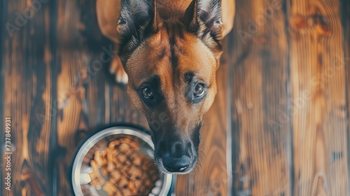 Top view portrait of cute dog begging for food looking photo