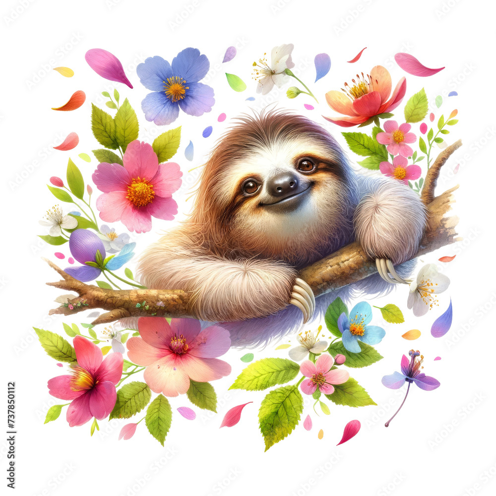 Obraz premium Adorable Sloth Surrounded by Blossoming Flowers. Watercolor Clipart