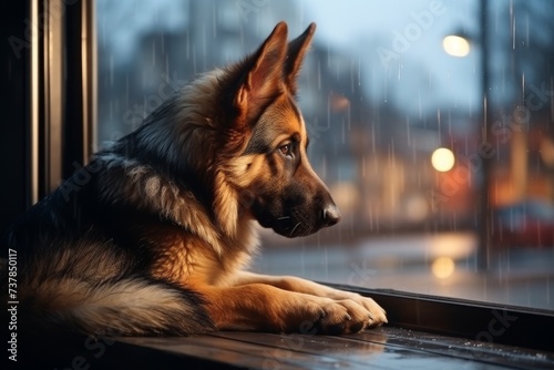 Lonely dog with sad eyes sits in the rain, feeling the weight of the world on its shoulders photo