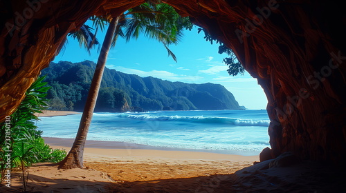 View from a cave opening onto a sunny tropical beach with palm trees and surf.