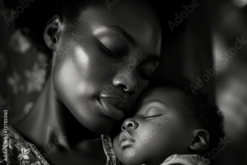 A black and white portrait of a mother gazing at her child sleeping