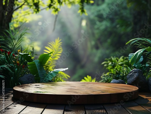 Natural podium product display with leaves tropical forest background