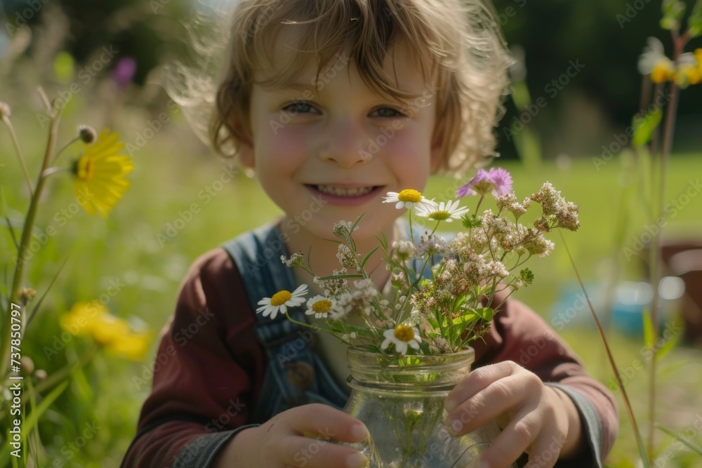 A child picks wildflowers and arranges them in a simple vase, presenting it to their mother with a proud grin A child picks wildflowers and arranges them in a simple vase, presenting it to their mother with a proud grin