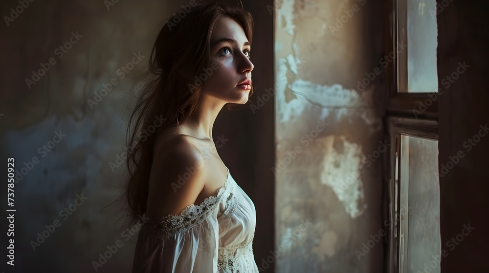 Fototapeta premium Beautiful woman in a white dress, fashion portrait. indoor ambient light