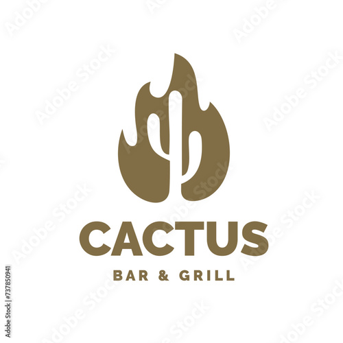 Cactus fire negative space gold restaurant logo. Smart clean and modern logo design inspiration