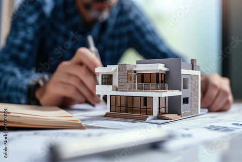 Closeup of 3d modern house on floorplan with real estate agency blur background  photo